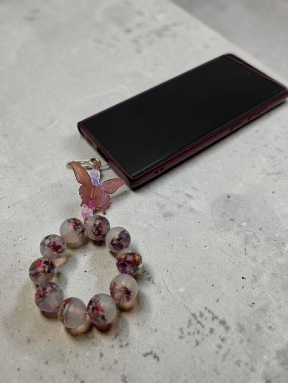 Handmade Multicolor Phone Charm with Butterfly Accent – Cute Beaded Strap